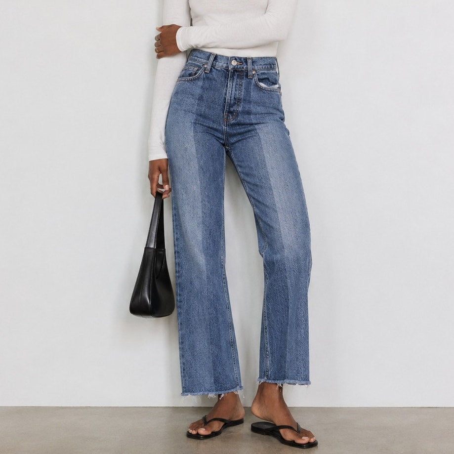 Reformation Natoma Blue Denim Distressed High-rise Straight Leg Jeans, size 25