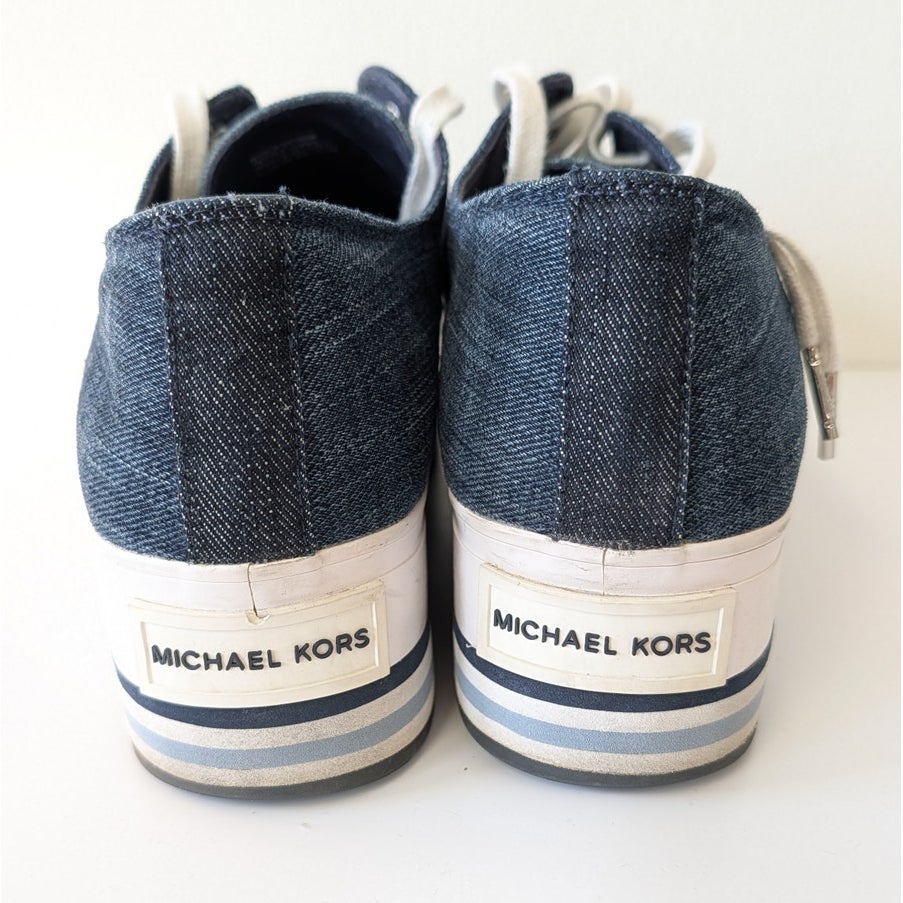 Michael Kors Ronnie Platform Sneaker Womens 9.5M Blue Denim Logo Lace Up Low Top