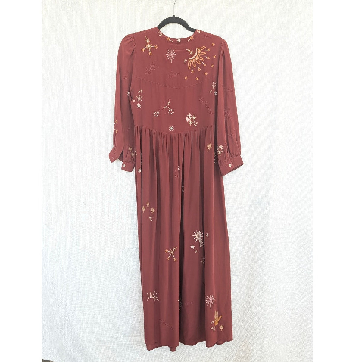 Johnny Was Workshop Maxi Dress S 100% Silk Embroidered Celestial Zodiac Midi