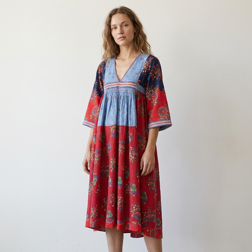 Ulla Johnson 2017 Milena Patchwork Cotton/Linen V-neck Midi Dress, size 6