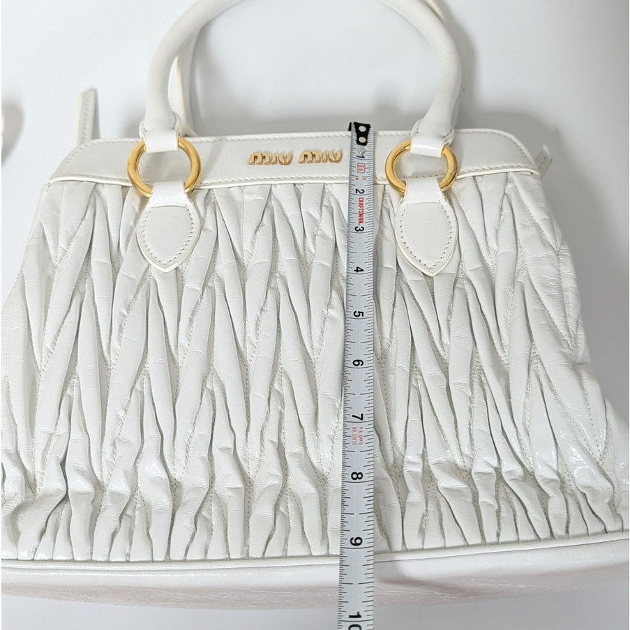 Miu Miu Matelassé Leather Handbag in White Quilted Logo Crossbody Strap