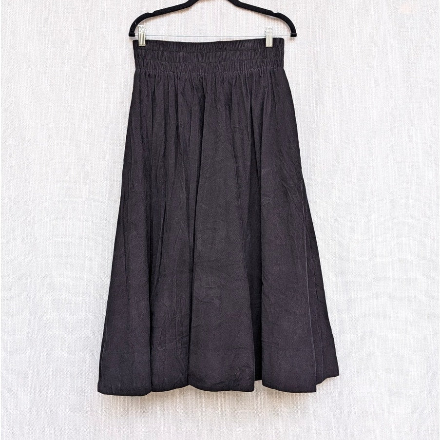 Suzie Kondi Kyria Skirt Womens L Black Pleated Cotton-Corduroy A-line Midi