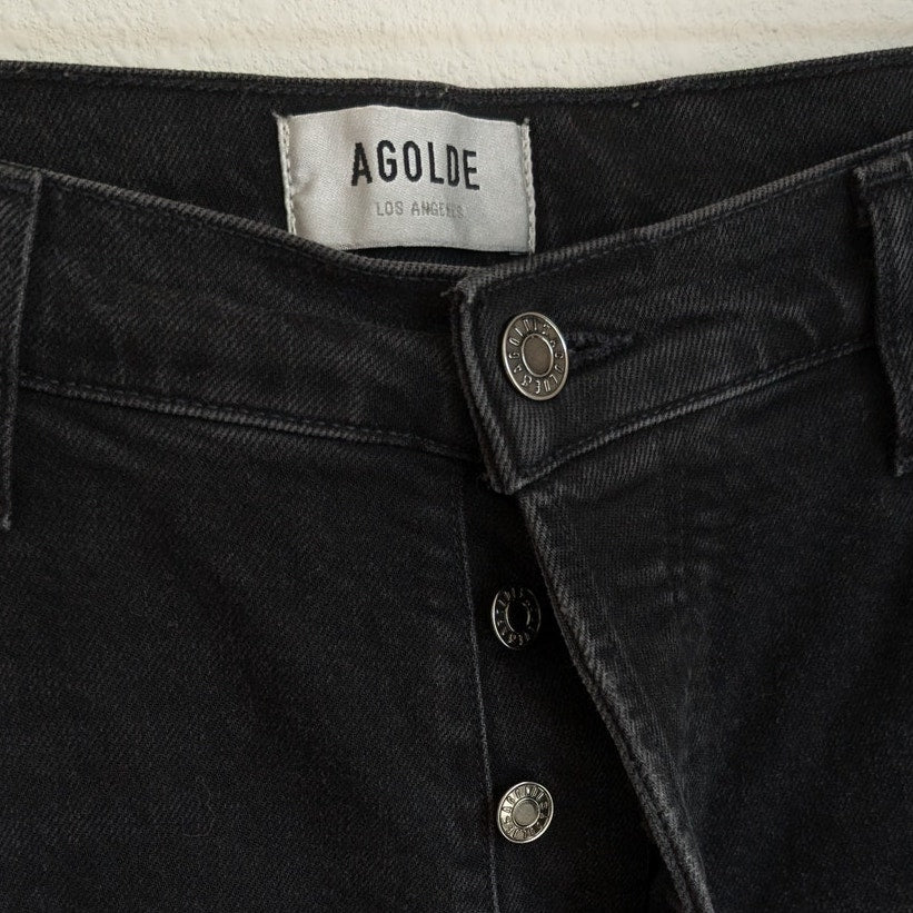Agolde Nico Black High Rise Slim Fit Cotton Blend Button Skinny Jeans, size 32