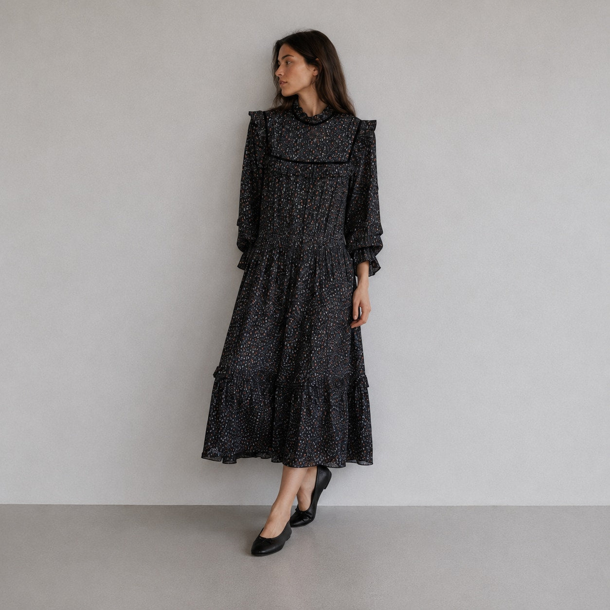Dôen Clay Midi Dress in Black Marfa Paisley Womens L Tiered Long Sleeve NWT