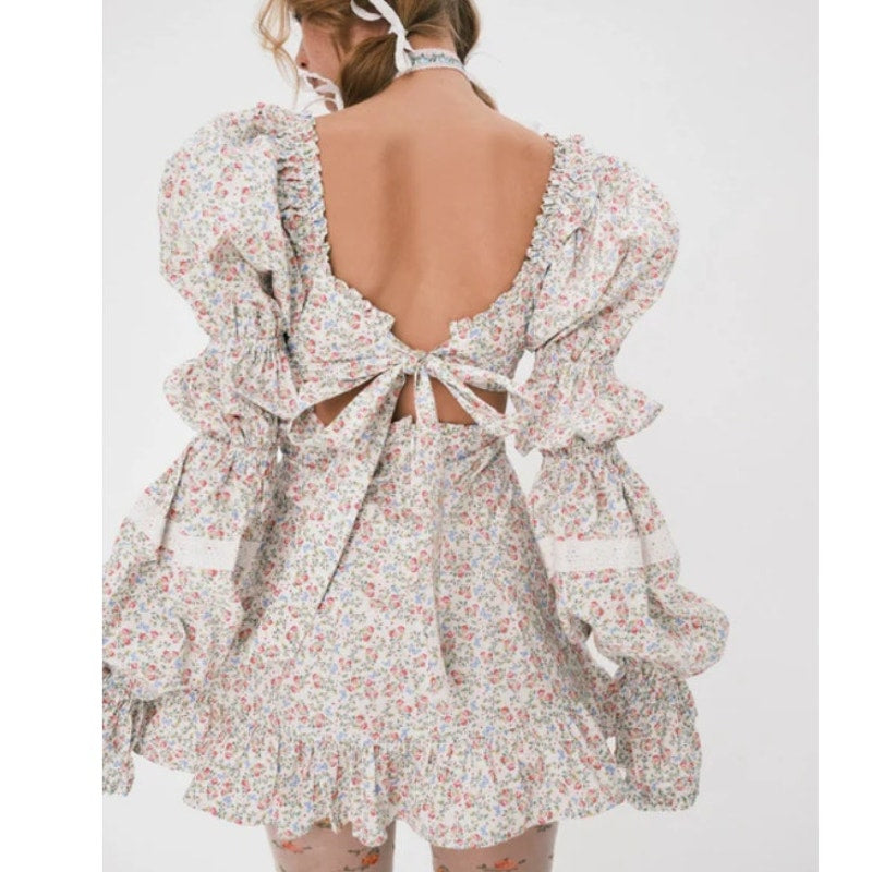 For Love & Lemons Lucca Mini Dress Womens XS Multi Floral Long Sleeve Ruffle NWT
