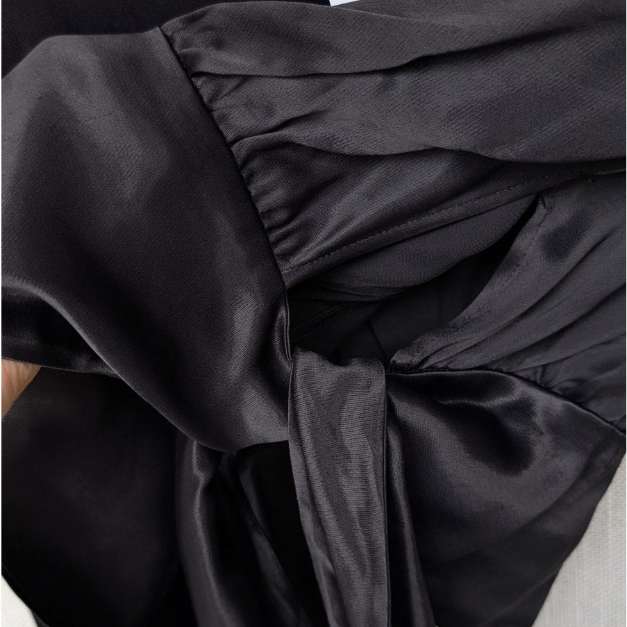 NWT L'Academie Maisel Black Satin Long Sleeve Blouse Top, size S
