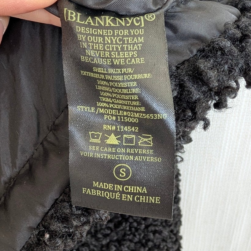 BLANKNYC Faux Fur Shearling Jacket Womens S Black Faux Leather Accents Zip Short