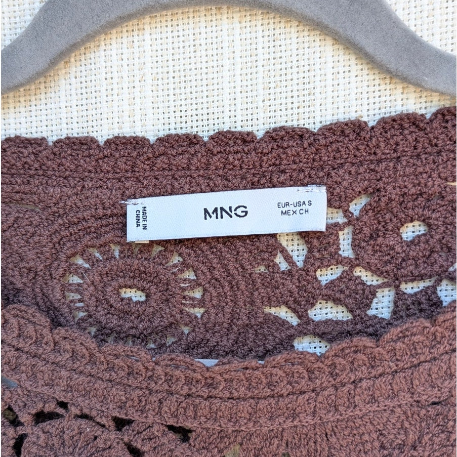 Mango MNG Crochet Long Sleeve Top Womens S Chocolate Brown Floral Cotton Knit
