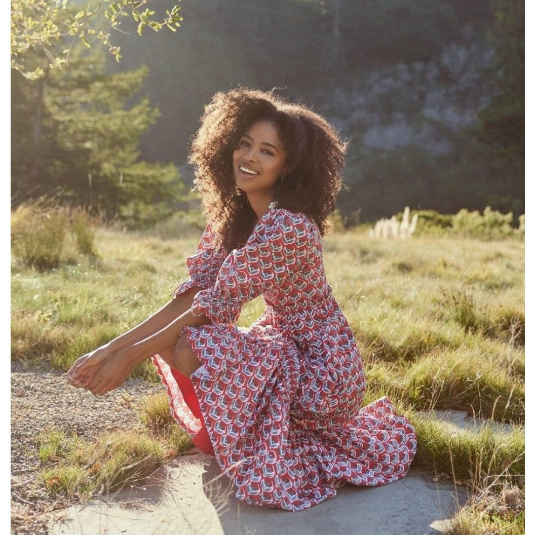 Eddy Hayley Red Floral Print Puff Sleeve Cotton Tiered Midi Dress, size L