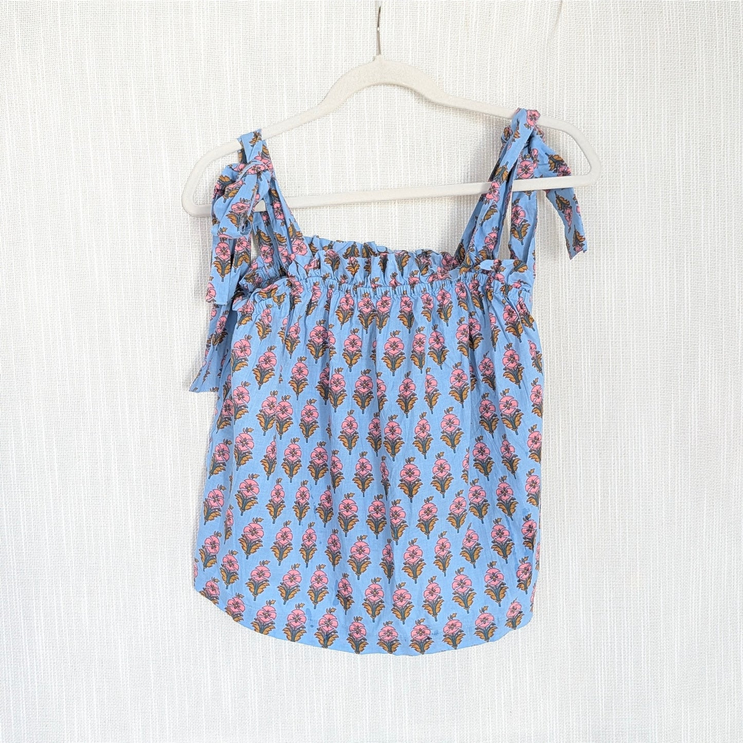 Marea Blue Floral Tie Shoulder Sleeveless Cotton Blouse Top, size XS