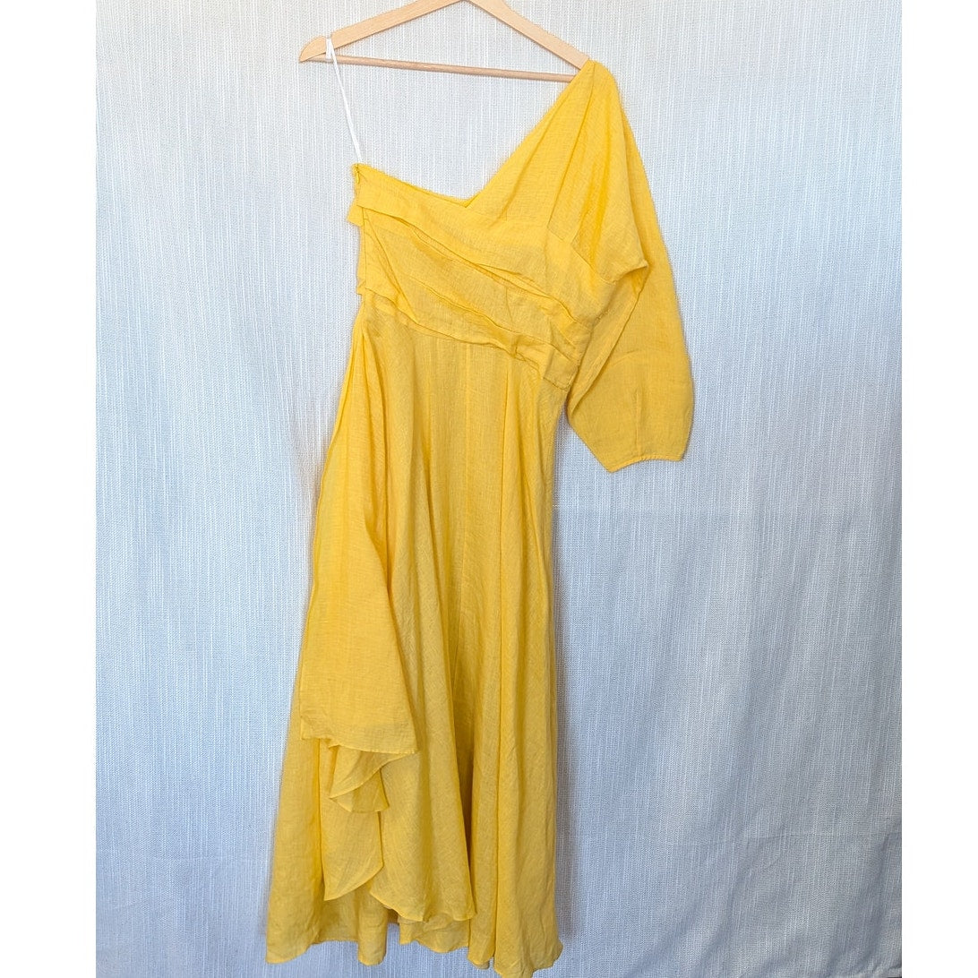 Rachel Comey Tipple Linen Midi Dress Womens 4 Yellow One Shoulder Asymmetric