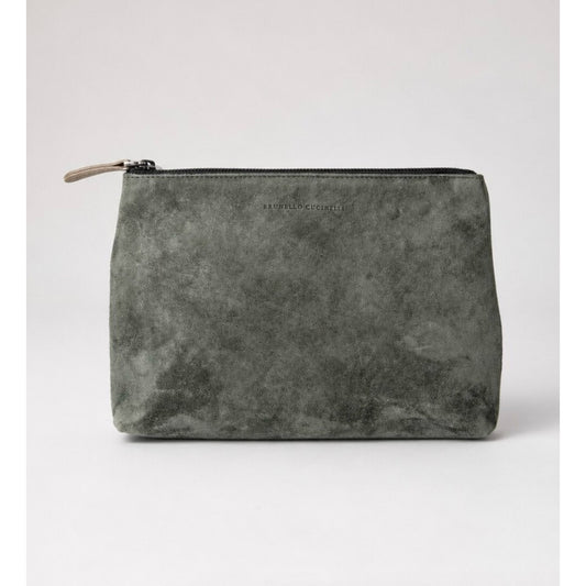 Brunello Cucinelli Green Suede Leather Pouch Cosmetic Bag Rare Womens Zipper