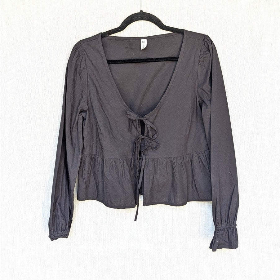 BP. Nordstrom Top Womens S Black Tie Front Scoop Neck Cotton Poplin Peplum NWT