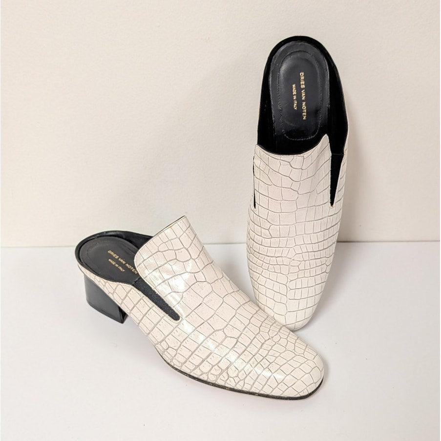 Dries Van Noten Leather Croc Print Mules Womens IT 39.5/US 9.5 White Heeled