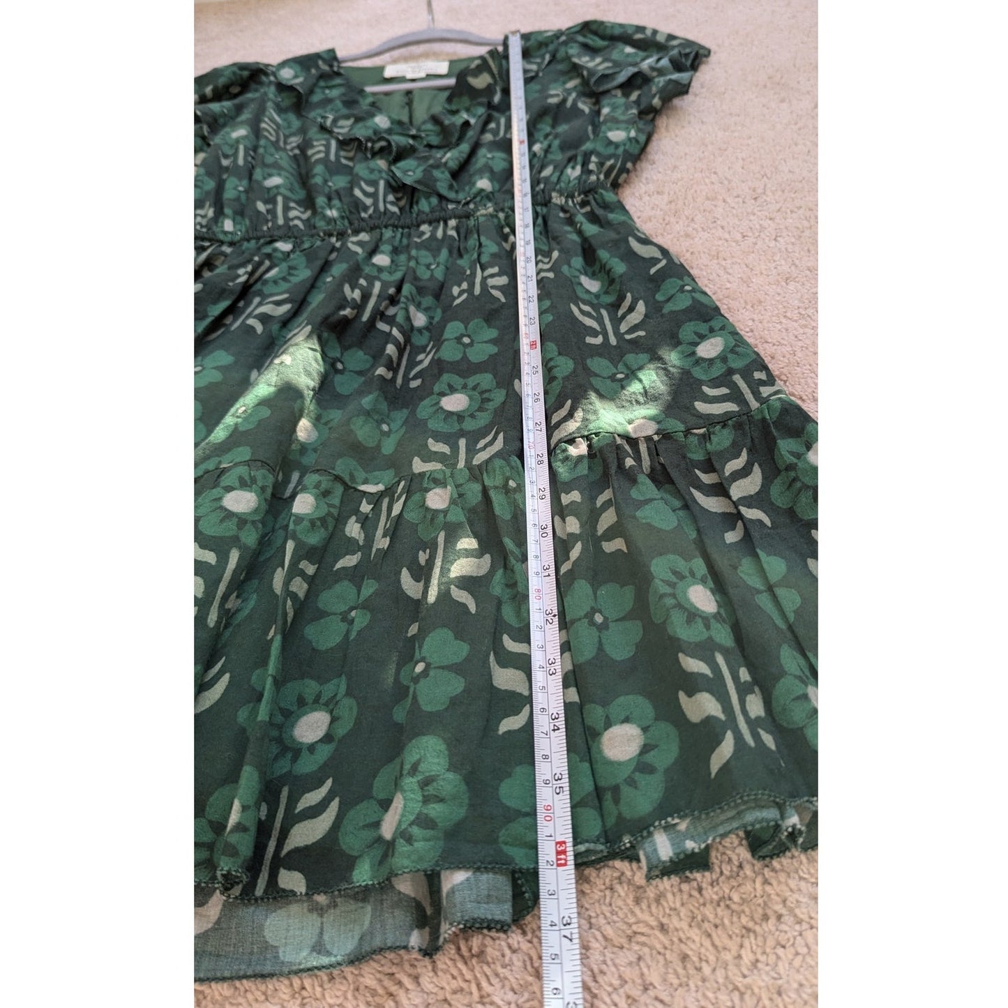 TROVATA Birds of Paradis Marcella Green Floral Cotton Tiered Mini Dress, size S