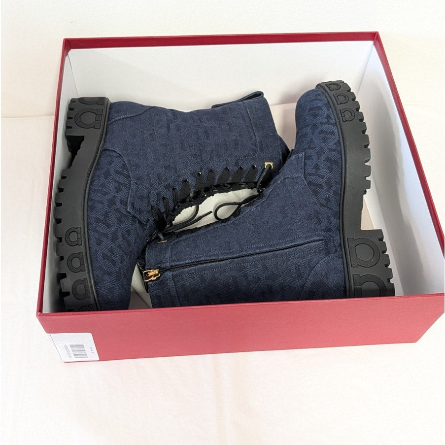Salvatore Ferragamo Navy Gancini Monogram Denim Biker Combat Boots Womens 9.5