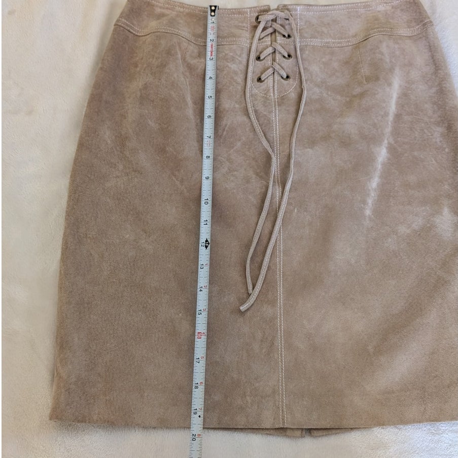 Doncaster Tan Suede Leather Tie Waist Straight Pencil Short Skirt, size 6