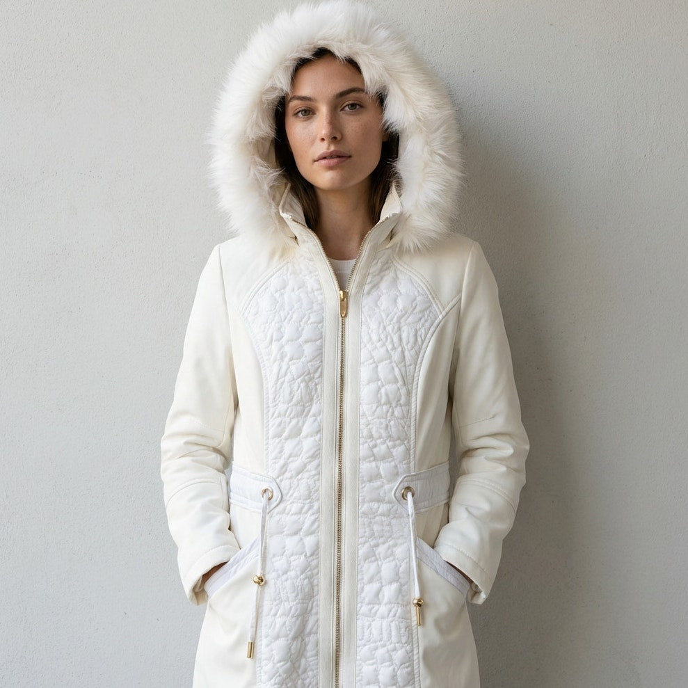 Via Spiga White Hooded Faux Fur Full Zip Quilted Coat Jacket, size XS