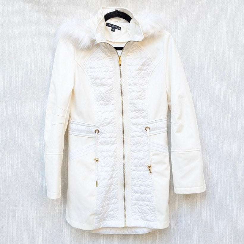Via Spiga White Hooded Faux Fur Full Zip Quilted Coat Jacket, size XS