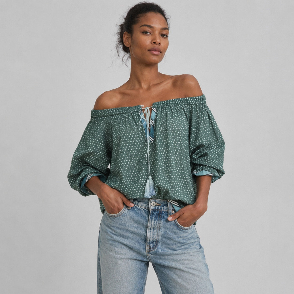 Talitha Green Floral Print Cotton/Silk Off-the-Shoulder Blouse Top, size XS