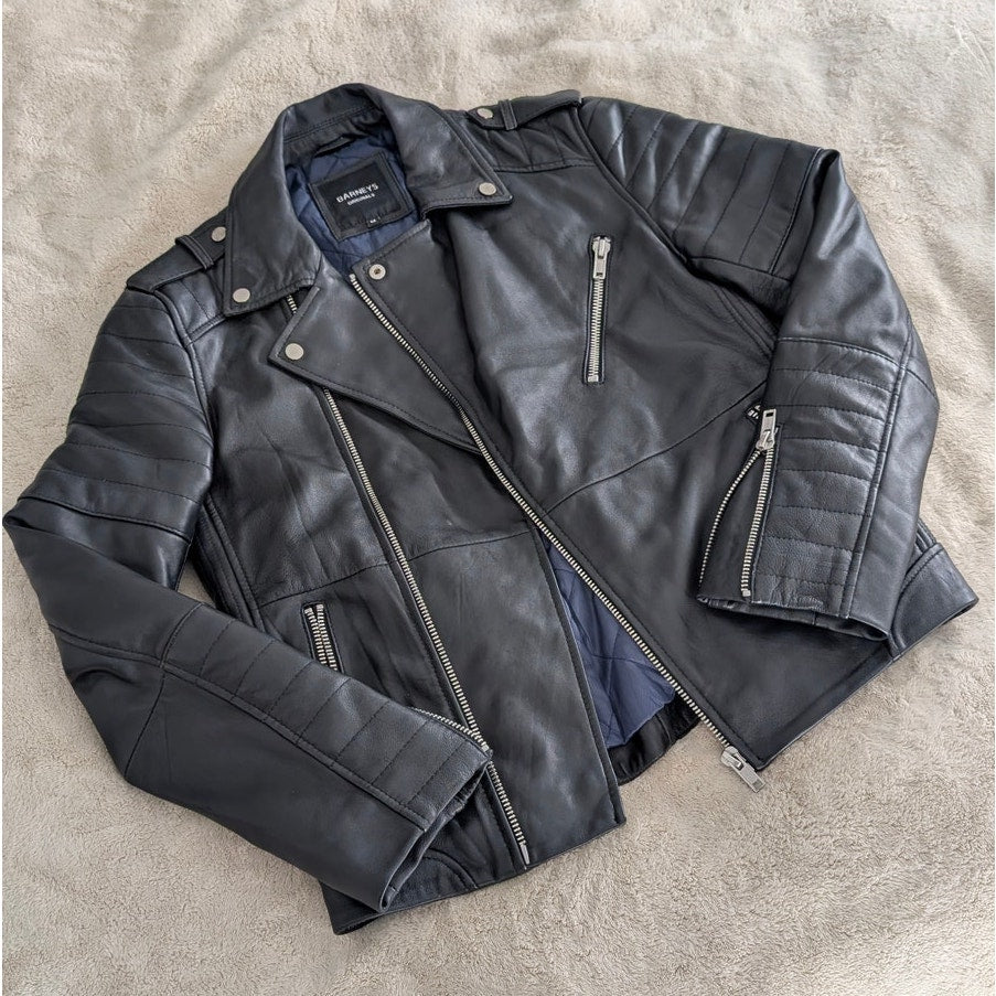 Barneys Men's Originals Black Leather Moto Biker Full Zip Jacket, size M