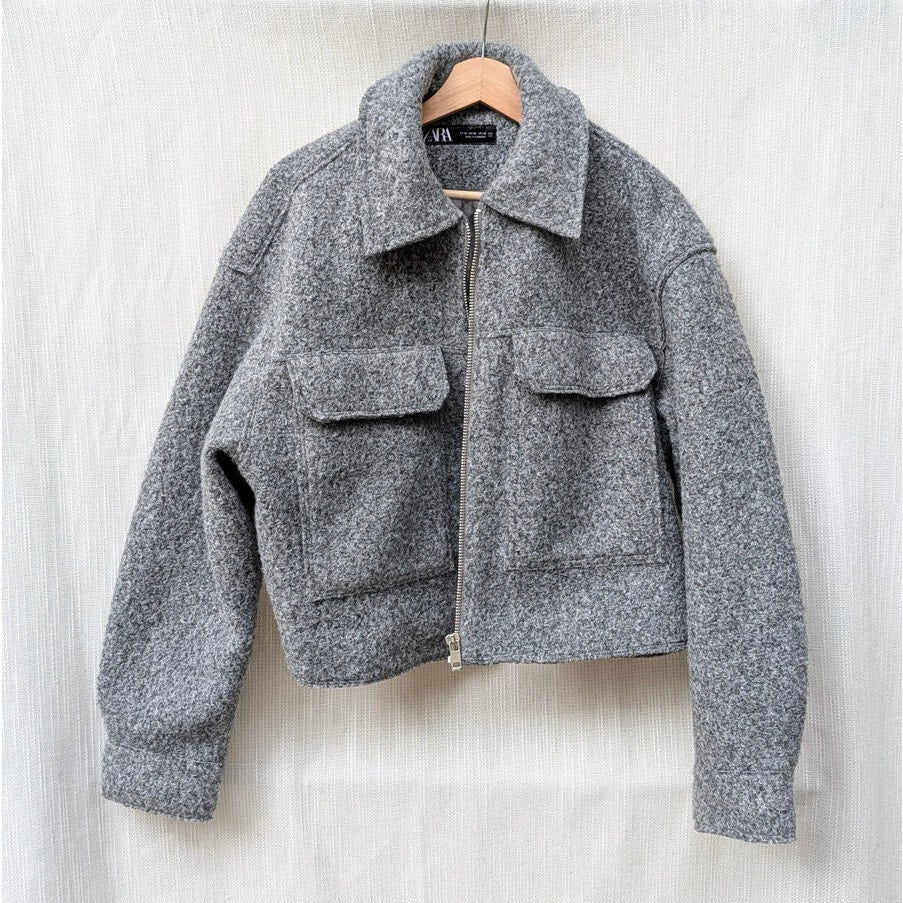 Zara 3046/288/802 Bouclé Cropped Jacket Womens XL Gray Long Sleeve Full Zip