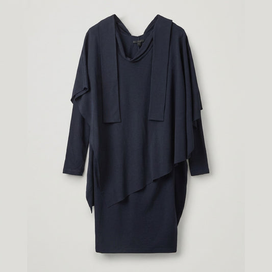 COS Navy Blue Stretchy Layered Tunic Dress With Neck-tie In Blue, size XS