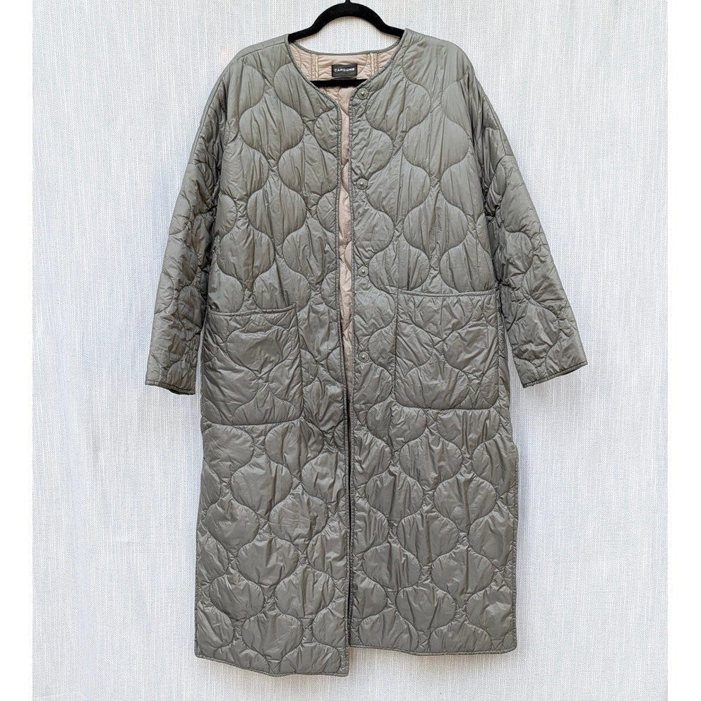 Carbon38 Long Quilted Trench Coat Jacket Women Sz S Olive Nylon Snap Front FA22