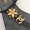 Chanel Thong Sandals G45025 Womens EU40/US9 Black/Gold Leather Strap Floral Logo