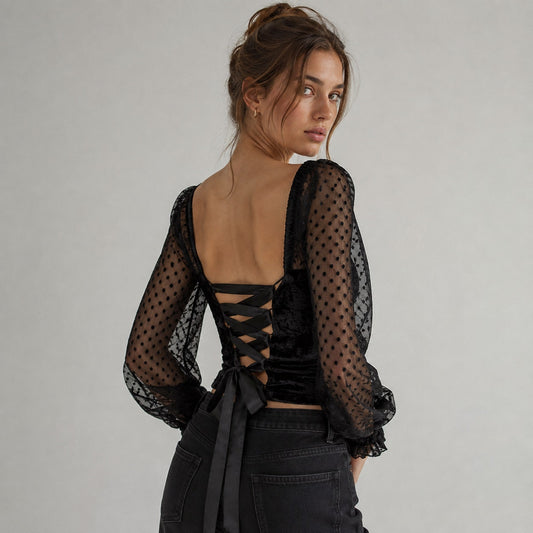 Anthropologie Porridge Black Velvet Lace Tie-Back Blouse Long Sleeve Top, sz XS