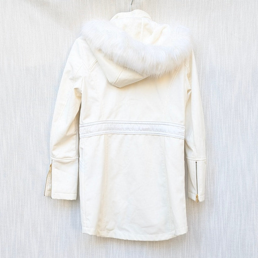 Via Spiga White Hooded Faux Fur Full Zip Quilted Coat Jacket, size XS