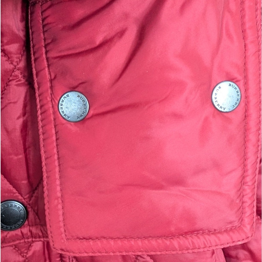 Burberry Finsbridge Red Quilted Hooded Belted Jacket Womens L Full Zip