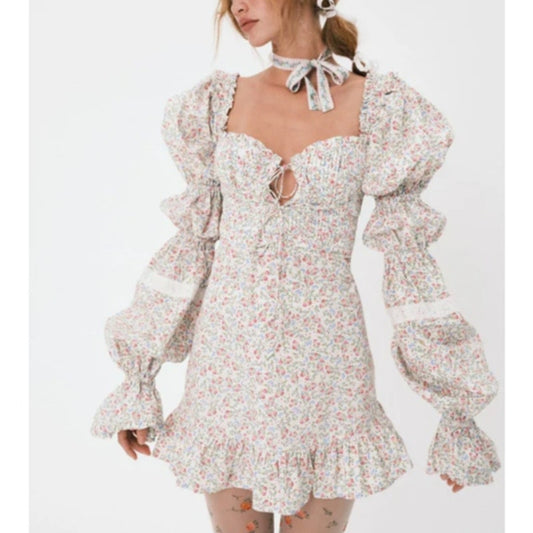 For Love & Lemons Lucca Mini Dress Womens XS Multi Floral Long Sleeve Ruffle NWT