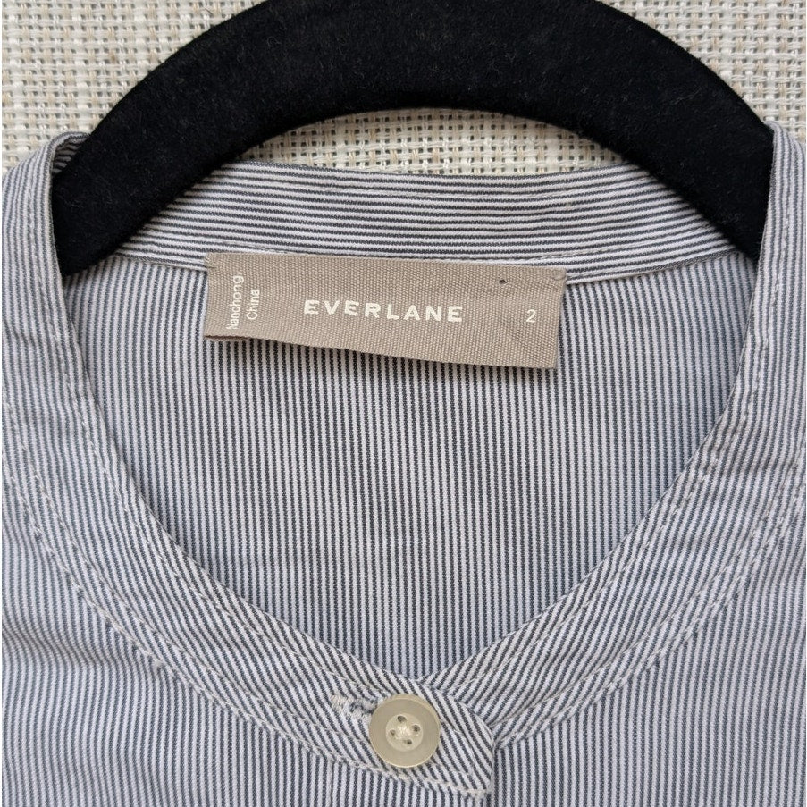 Everlane Blue Striped Cotton Weave Collarless Shirt Belt Midi Dress, size 2