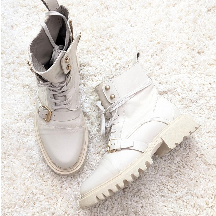 AllSaints Tori Leather Boots Womens 9 Stone Ecru White Buckle Zipper Ankle