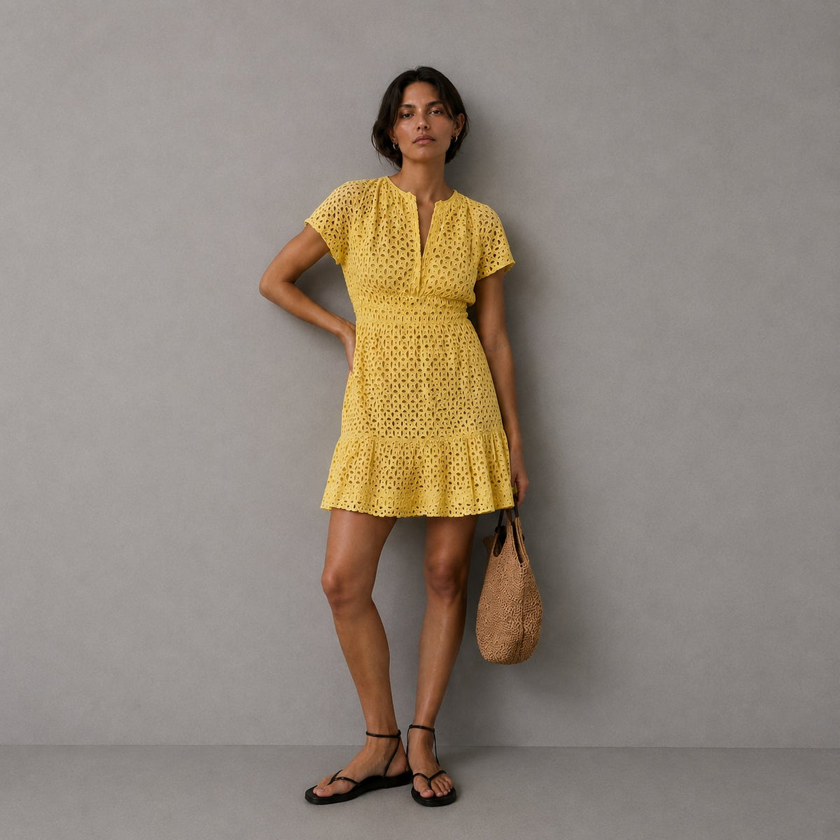 Anthropologie The Somerset Eyelet Mini Dress Womens L Yellow V-neck Short Sleeve