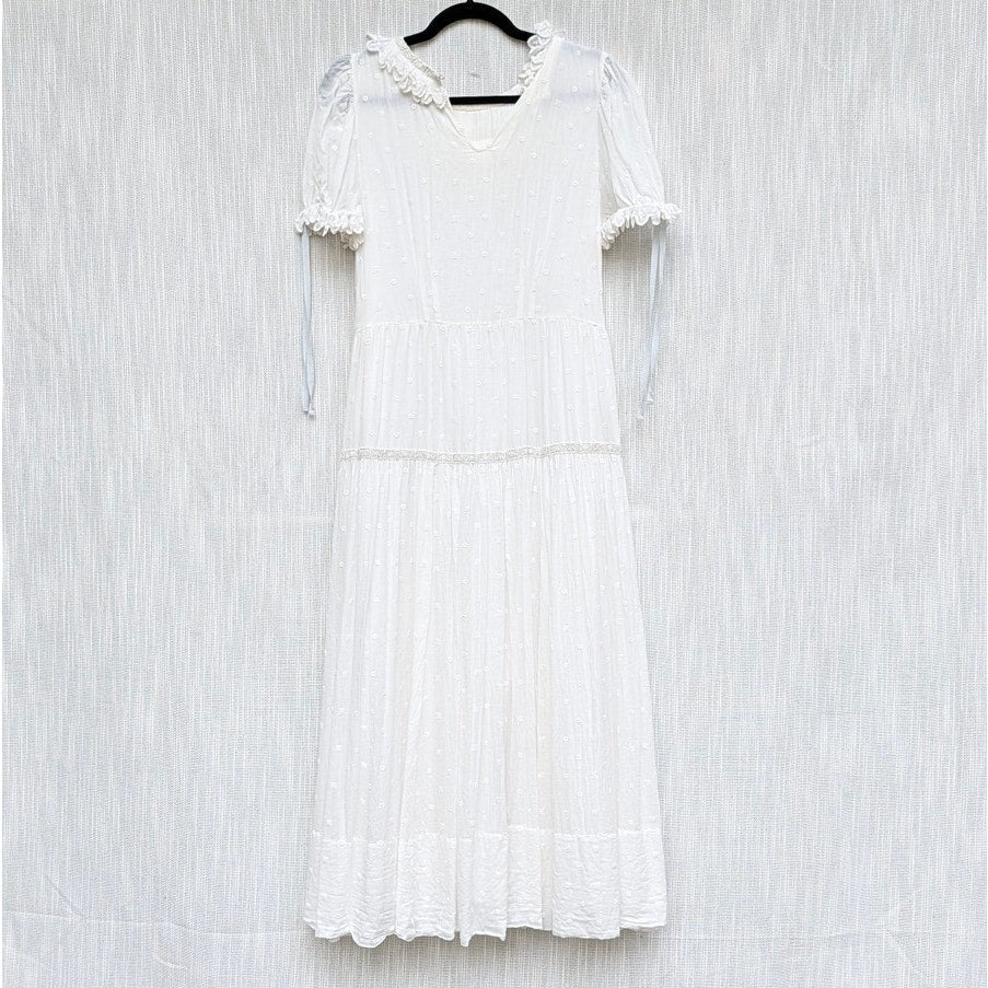 Dôen Doen Fiore Dress Womens L White Cotton Short Sleeve Romantic Ruffle Midi
