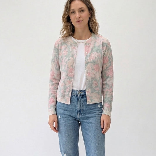 Zara 188/019/330 Floral Cardigan Womens S Gray Long Sleeve Button Crewneck NWOT