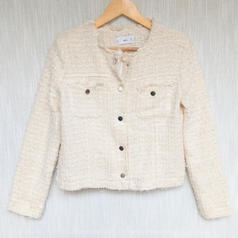 Mango MNG Tweed Lady Jacket Womens S Cream Cropped Long Sleeve