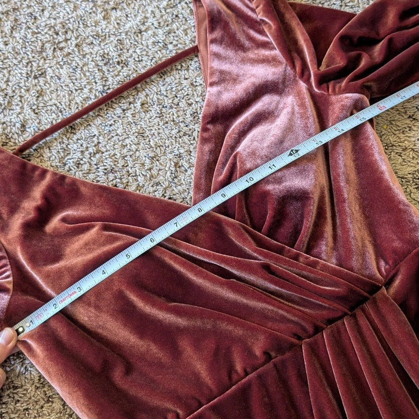Reverly Vera Velvet V neck Long Sleeve Front Slit Wrap Maxi Dress, size 6