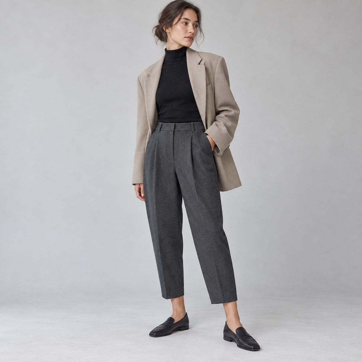 Comptoir des Cotonniers Wool Blend Tapered Cropped Pleated Banana Trousers L