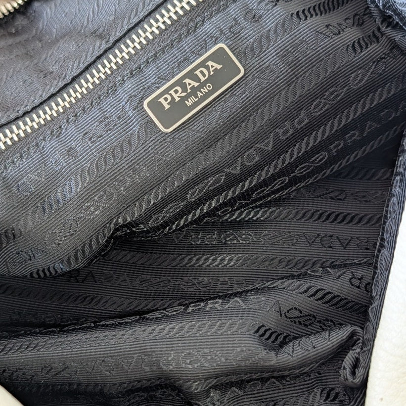 Prada Vitello Daino Leather Hobo Shoulder Bag Womens White Logo Zipper