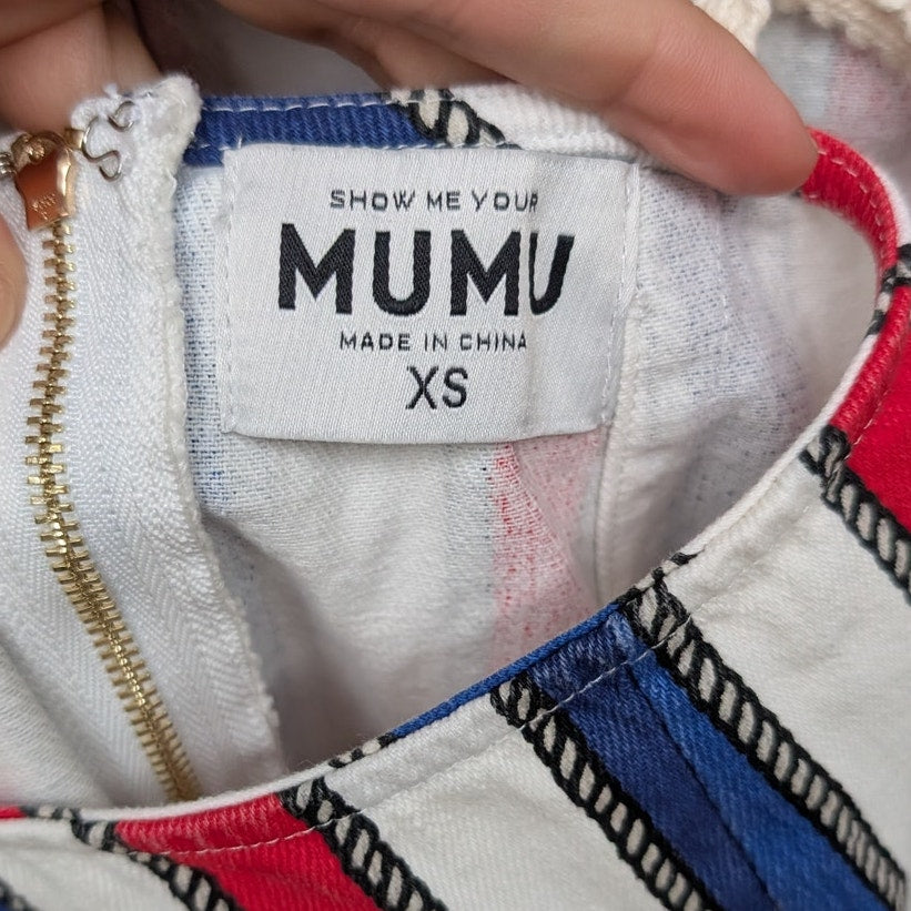 Show Me Your Mumu Striped Trude Romper Denim Short Overalls, size XS