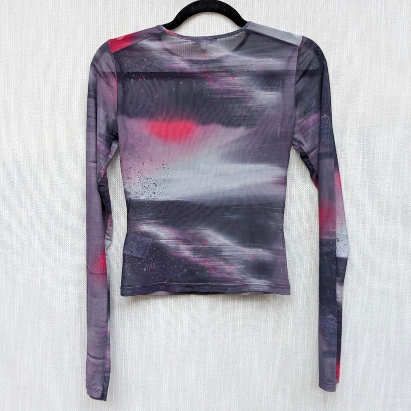 MIAOU Sheer Mesh Crewneck Long Sleeve Tee in Motion Pink, size S
