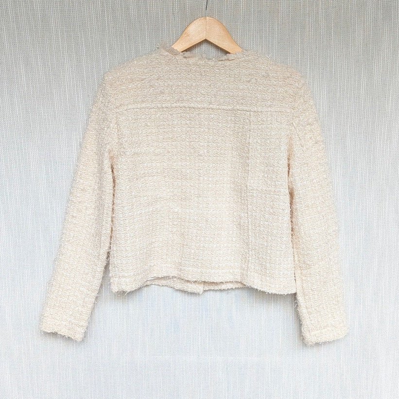 Mango MNG Tweed Lady Jacket Womens S Cream Cropped Long Sleeve