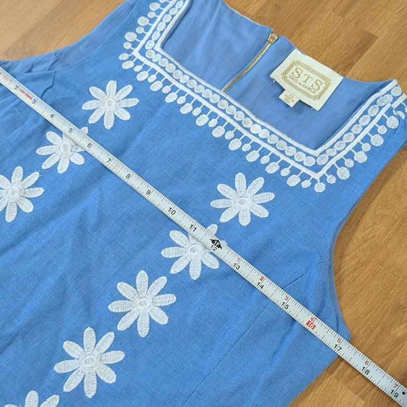 STS Sail to Sable Blue White Embroidered Floral Linen Sleeveless Mini Dress XS