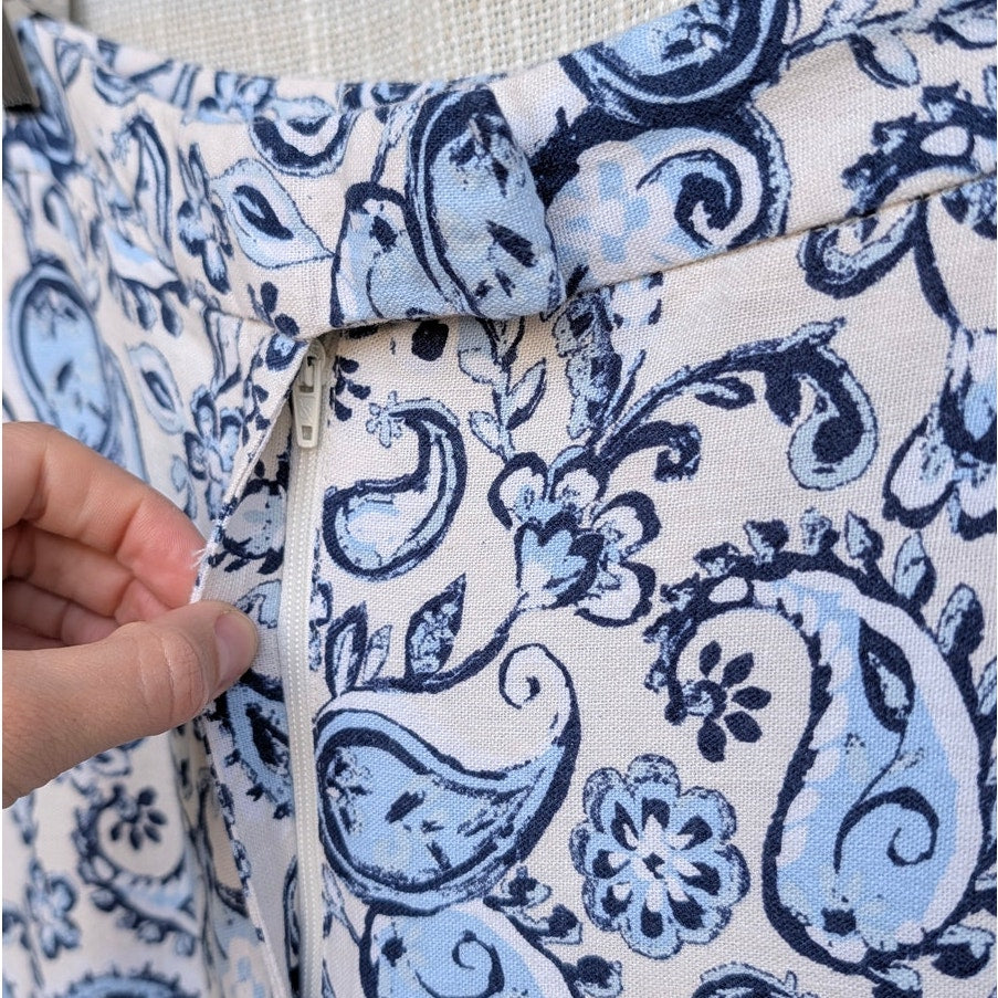 Zara Pants Womens XS BLue Floral Print Linen Blend High-rise Wide Leg Full