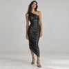 Norma Kamali Diana Gown Black Metallic One Shoulder Asymmetrical Midi Dress S/36