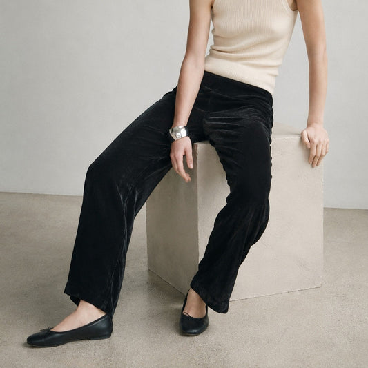 Swing Black Velvet Silk Blend Mid-rise Wide Leg Ankle Trousers Pants, size FR 40