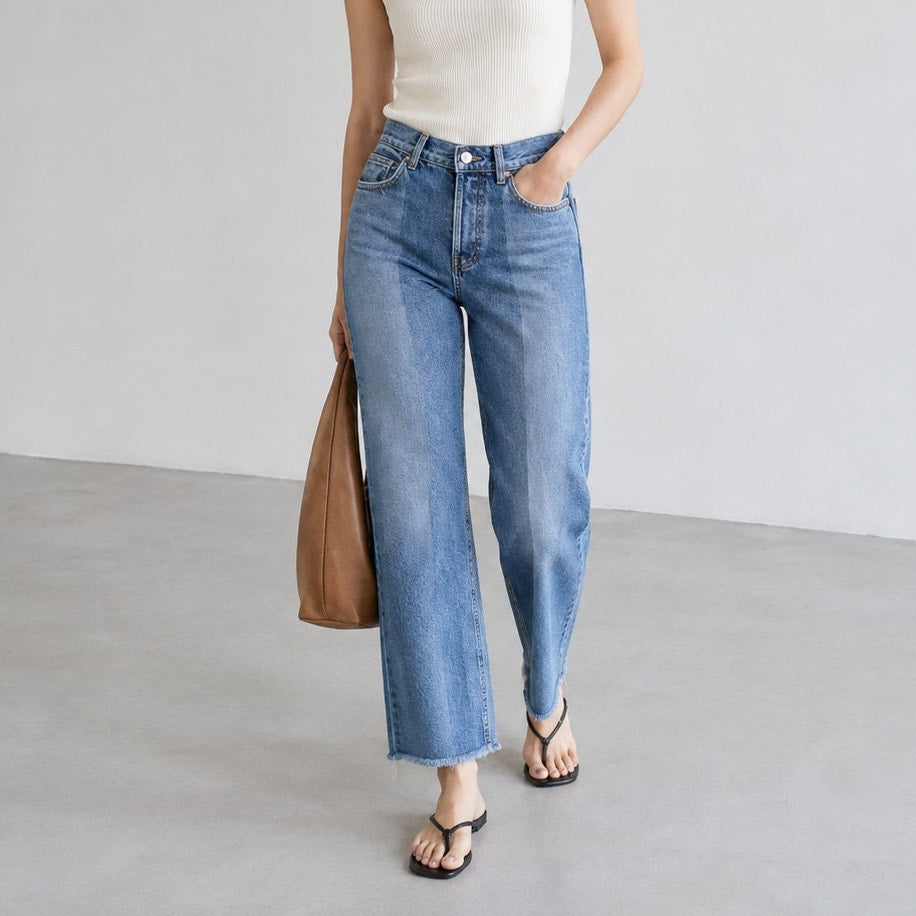 Reformation Natoma Blue Denim Distressed High-rise Straight Leg Jeans, size 25